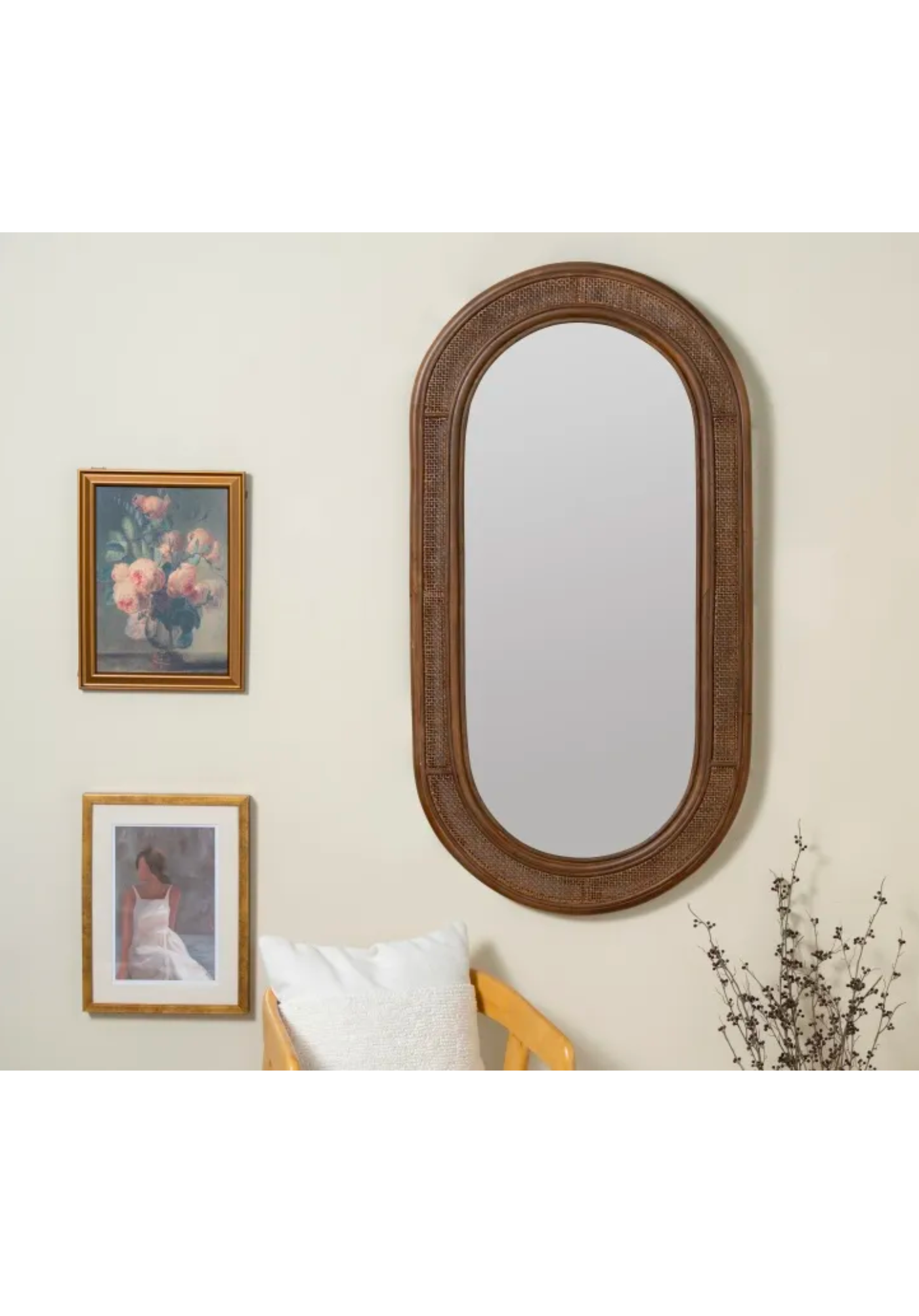 Dark Walnut Rattan Oval Mirror