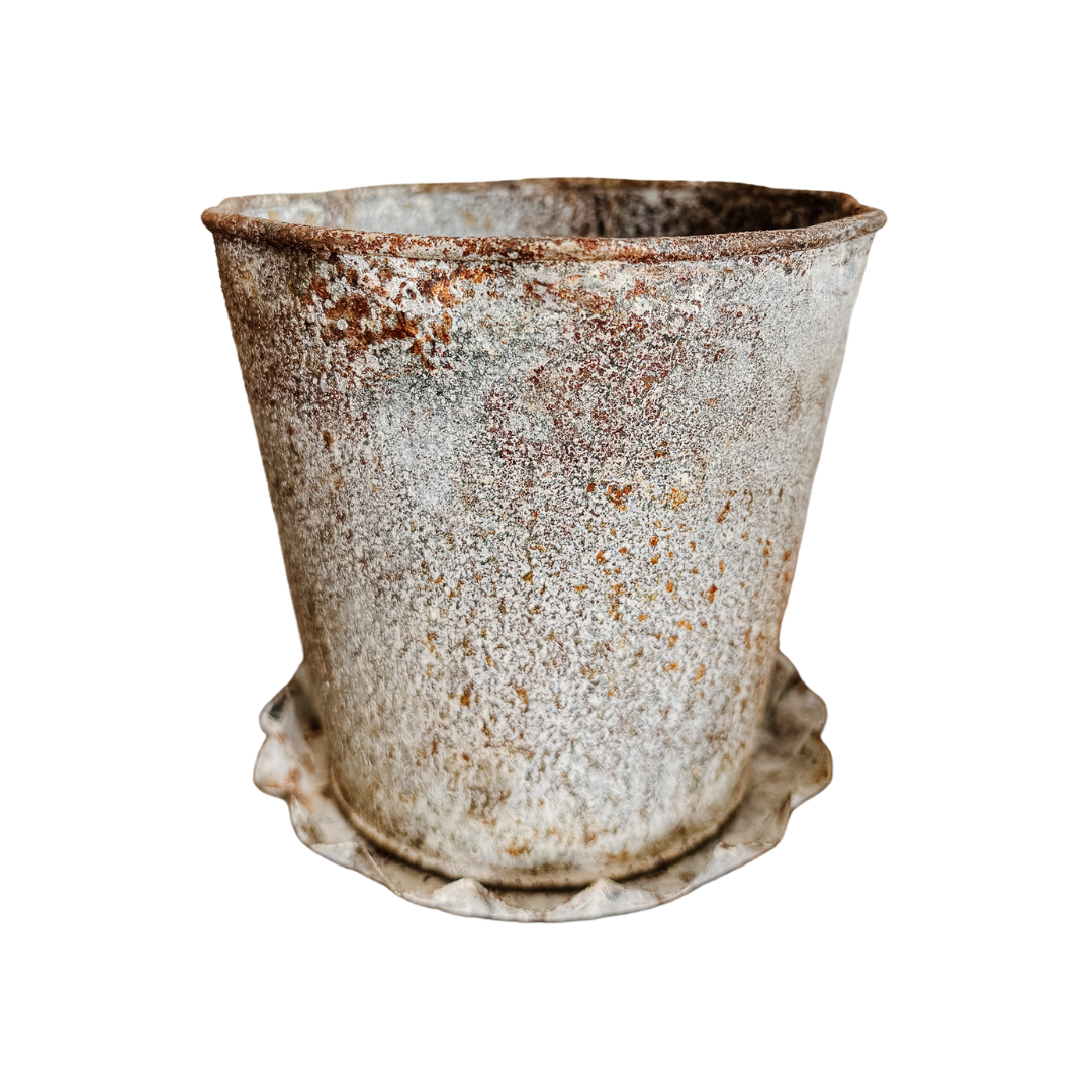 Distressed Metal Planter with Saucer